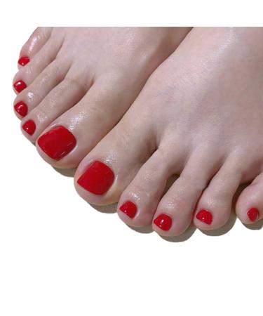 RODAKY Solid Color Press On Toe Nails Glossy False Toe Nail Fashion Red Fake Toenails for Women Full Cover Acrylic Foot Nails Design Toenail Tips 24PCS