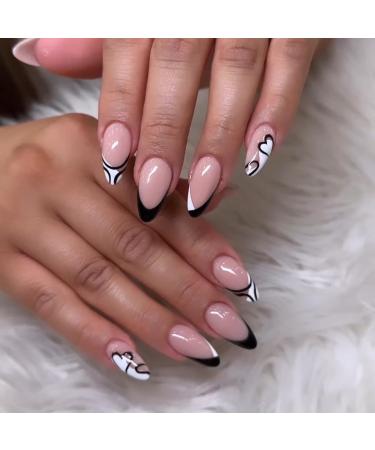 Mouyouglow press on nails short almond nude black French white heart fake nails with nail glue almond valentine acrylic artificial fingernails