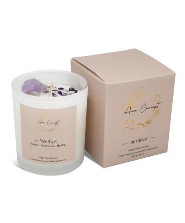 Healing Crystal Candle Scented Candle Infused Amethyst and Clear Quartz Crystals English Pear&Freesia Scented Positivity Energy Wellness Gift for Women Aromatherapy Clean Vegan 10Oz Jar Candle English Pear & Freesia