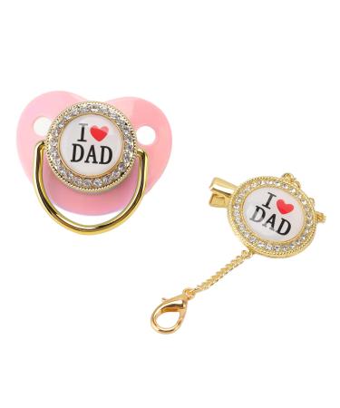 Baby Pacifier 6-18 Months Infant Dummy Pacifier with Chain Clip for Newborn Soother Bling I Love Dad Pattern (Pink)