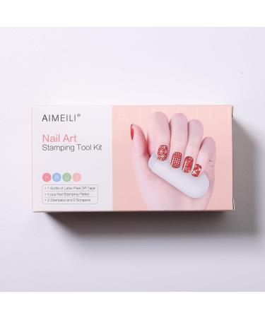 AIMEILI Nail Art Stamping Templates Manicure Tool Kit - 5 Stamping Plates, 2 Stamper, 2 Scraper, 1 Latex Peel Off Tape - Buy Online on GoSupps.com