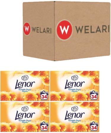 Lenor 4 x 34 pack Tumble Dryer Sheets With Welari Thank You Card Fresh Laundry Fragrance Yellow Summer Clothes Washing Scent (136sheets) - Buy Online on GoSupps.com