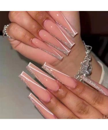 RUNRAYAY Pink French Fake Nails with Sequins Splicing Press on Nails with French Tips Long Stick on Nails False Nails Art Kit for Women Girls