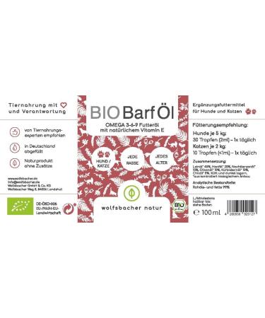 Organic BARF Feed Oil for Dogs & Cats | 100ml Cold Pressed Hemp Linseed Evening Primrose Chia Pumpkin Seed & Olive Oil | Vitamin E Rich | Organic from Germany | De- ko-060 - Buy Online on GoSupps.com