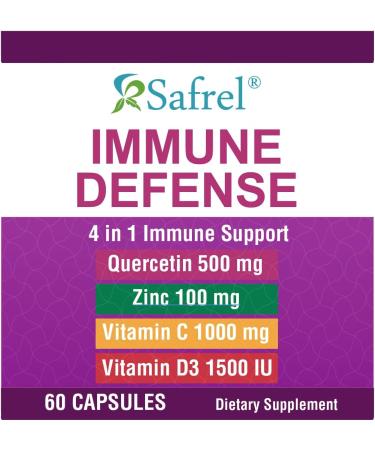 Safrel Strong Immune Support: Quercetin 500mg, Zinc Picolinate 100mg, Vitamin C 1000mg, D3 1000IU - 60 Capsules | Made in USA | Vegan - Buy Online on GoSupps.com