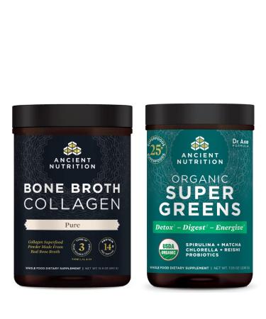 Ancient Nutrition Bone Broth Protein Powder Pure 20 Servings + Organic Supergreens Powder Greens Flavor 25 Servings