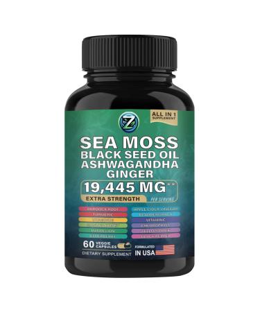 Organic Sea Moss Capsules - 60 Count | Wildcrafted Irish Sea Moss Bladderwrack Burdock Root Black Seed Oil Ashwagandha & Ginger | Digestive Health Skin & Joint Health for Man and Women