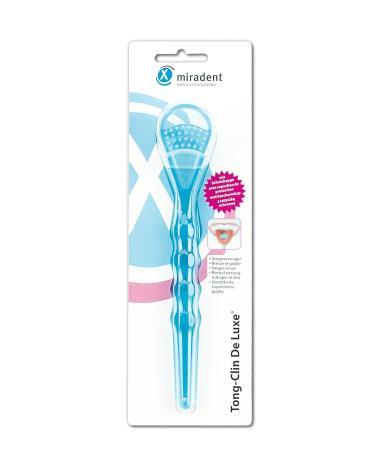 Miradent Tong-Clin de Luxe tongue cleaner blue transparent 1 piece |For gentle removal of tongue coverings and bad breath |short bristle field |Extra flat |concave curved stencil