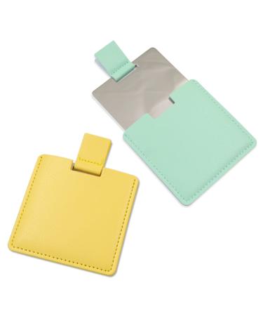 2Pcs Shatterproof Stainless Steel Compact Mirror for Purses Unbreakable Mirror Travel with PU Leather Case Cover Handheld Camping Shaving Mirror for Women & Men Makeup Gift (Green & Yellow)