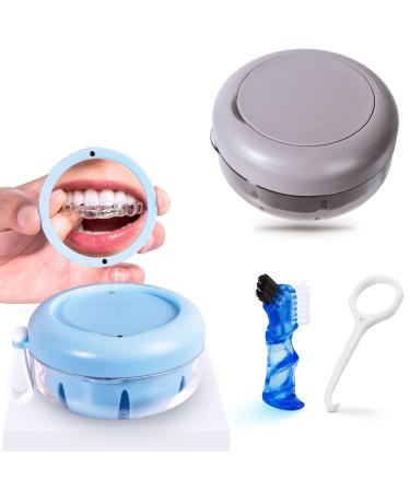 Denture Case kit -2 Pack - Definitely No-Leak Denture Bath Box for Traveling Perfectly Denture Cup with Strainer & Mirror(Grey & Blue)