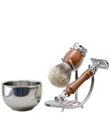 Grandslam Safety Razor Shaving Kit for Men - Pure Badger Hair Brush Rosewood Handle Razor Stainless Steel Stand & Large Bowl with 10 Blades - International Shipping Available - Buy Online on GoSupps.com