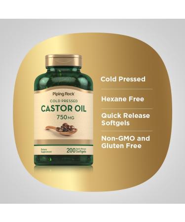 Buy Piping Rock Castor Oil Softgel Capsules 750mg - 200 Count | Cold Pressed Non-GMO & Gluten Free Supplement for Optimal Health - Buy Online on GoSupps.com