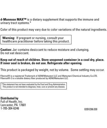 Full of Health d-Mannose MAX 30 Servings Vegetarian Powdered Drink Mix | Complex Urinary Bladder Support | Dietary Supplement | Quality Non-GMO Ingredients - Buy Online on GoSupps.com