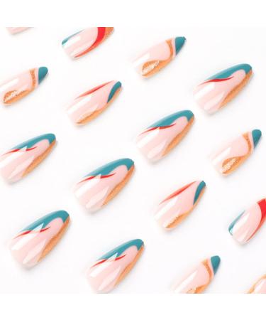 Justotry 24 Pcs Swirl Short Stiletto False Nails with Glue - Pastel Press on Nails for Women - Almond Stick on Nails - Medium Sized Coloured and Swirl Design - Buy Online on GoSupps.com