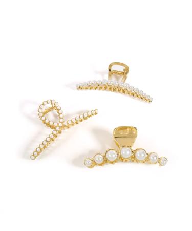 Gold Pearl Hair Clips For Women Girls Big Claw Clips For Hair Claw Clips For Thick Hair Jumbo Claw Clip Large Metal Hair Clips Gold-2