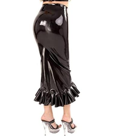 Black Sexy Long Latex Skirt with Irregular Ruffles | Calf Length Zipperless Plus Size XL - International Shipping Available - Buy Online on GoSupps.com