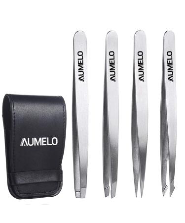 Tweezers Set 4-Piece Professional Stainless Steel Tweezers Gift with Travel Case by Aumelo - Best Precision Eyebrow and Splinter Ingrown Hair Removal Tweezer Tip No Colored & Chemical Free Silver