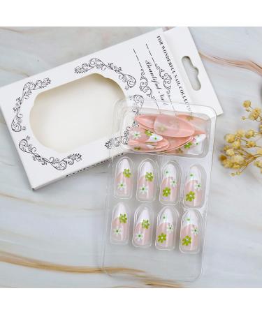 24PCS Medium Almond Glossy Flower Press On Nails - Green & White Spring Nail Decoration - Fake Nails with Glue - Women's Manicure - Buy Online on GoSupps.com