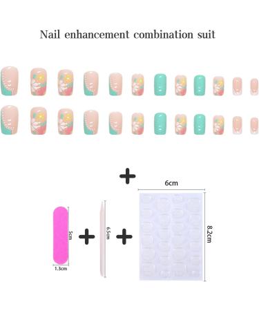 24pcs Square French Tip Short Stick on Nails with Flowers - White Green Press on Nails | Removable Glue-on Full Cover Fake Nails for Women and Girls - Buy Online on GoSupps.com