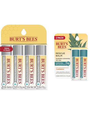 Burt's Bees Ultra Conditioning Moisturizing Lip Balm Lip Moisturizer Rich in Oils and Butters & Rescue Balm Cooling Eucalyptus Lip Balm With Antioxidant-Rich Turmeric Tint-Free