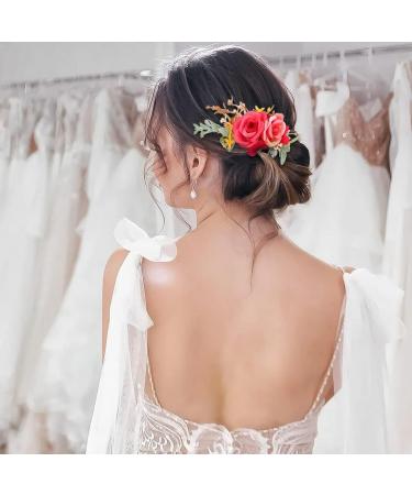 IYOU Red Bridal Hair Comb Artificial Flower Headpiece Leaves Prom Beach Wedding Sides Combs Hair Dress Accessories for Bride and Bridesmaid - Buy Online on GoSupps.com