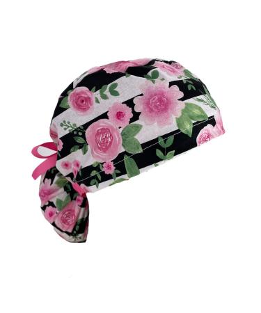 Ponytail Medical Scrub Cap Pink Rose Striped Print. - Turn Up Ponytail Scrub Hats Bouffant Unisex Surgical Caps Dr. Hats Nurses Hats. Scrub Hat for Women & Men tie Back | Working Cap with Holder