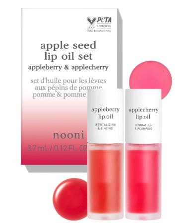 NOONI Appleseed Lip Oil Set - Appleberry & Applecherry | with Apple Seed Oil  Lip Oil Duo  Lip Stain  Gift Sets  For Chapped and Flaky Lips 13 Red Duo (Appleberry & Applecherry)