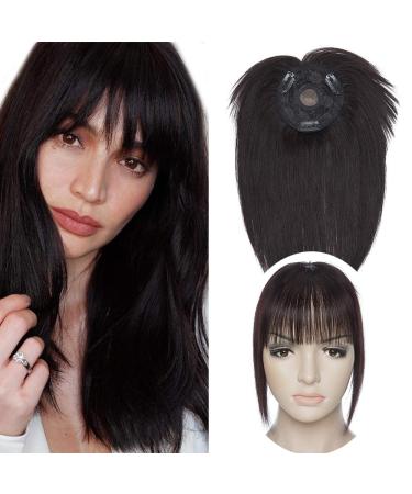 12" SEGO Hair Toppers with Fringe for Thinning Hair Women #1B Natural Black 100% Remy Real One Piece Clip in Bangs Human Hair Extension Hairpieces 150% Density (35g)