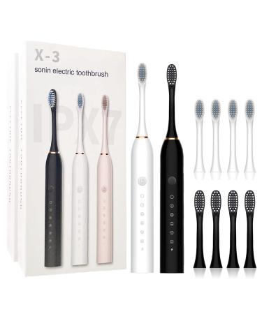 CRLKSSJX 2 Pack Sonic Electric Toothbrush for Adults USB Rechargeable Powerful Sonic Toothbrush with 6 Cleaning Modes Smart Timer and 8 Brush Heads IPX7 Waterproof Rating 42000VPM(White-Black)