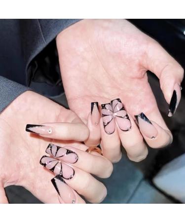 Justotry 24-Piece Black Butterfly Coffin Nails - Elegant Press-On Ballerina Nails with Jewels for Women - Buy Online on GoSupps.com