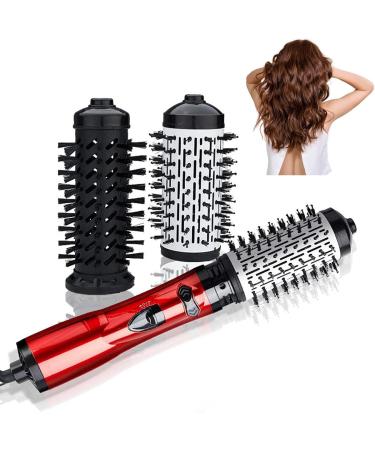 3-in-1 Hot Air Styler and Rotating Hair Dryer Spin Hair Dryer Brush with 2 Interchangeable Brush Anti-frizz Hot Air Spin Brush Set for Straightening Drying and Curling (Red)