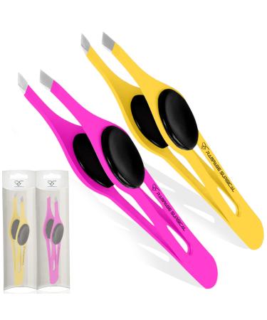 Professional Eyebrow Tweezers Slanted Tip Stainless Steel 2,3xPcs Set, Non-Slip Grip Slant Tip Tweezers for Facial Hair, Plucking Removing Ingrown Hairs, Tweezer for Women Men (Yellow&Pink)