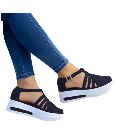 Foldap Sandals Women Dressy Summer 2023 Peep Toe Platform Sandals Shoes Wedges Ankle Buckle Flip Flops Orthopedic Sandals 9 A1-black
