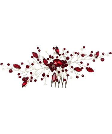 Bridal Wedding Hair Comb Wine Red Crystal Sliver Hair Vine Piece Accessories for Women Girls Party Banquet (Wine Red)