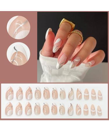 Justotry 24 Pieces Swirl Stiletto & French Artificial Nails | Press-On Acrylic Nails for Women - Short Nude Almond Design - Buy Online on GoSupps.com