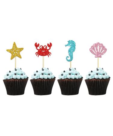 24 PCS Ocean Sea Theme Cupcake Toppers Sea Theme Birthday Party Cupcake Picks Dessert Decorations Supplies Baby Shower Birthday Anniversary Party Supplies