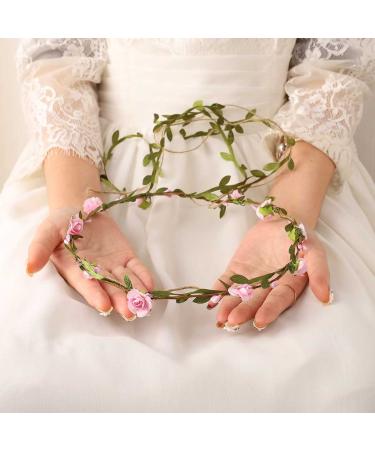 BARTOSI Boho Floral Headband - Handmade Flower Crown for Bride Wedding, Pink Hair Wreath with Ribbon - Adjustable Hair Accessories for Women and Girls - Buy Online on GoSupps.com