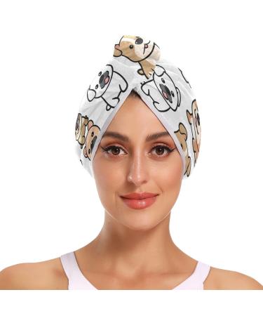 Little Cute Dogs Hair Towel 2 Pack Super Absorbent Hair Drying Towel Quick Dry Hair Turbans Head Towel with Button Twisty Wrap for Women Girls