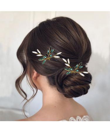 Flatser Green Crystal Wedding Bride Hair Pins Gold Rhinestone Bridal Hair Pins Baroque Bridal Hair Accessories for Women Pack of 2 (green)