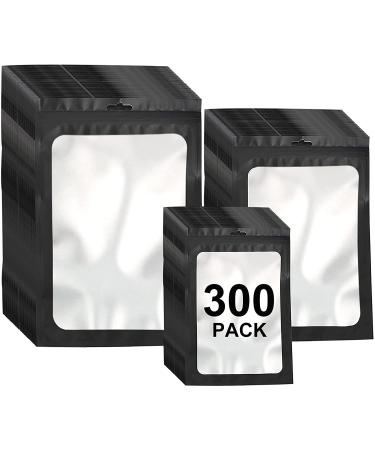 300 Pack 3 Sizes Resealable Mylar Bags Food Storage Smell Proof Bags with Front Window Packaging Pouch for Sample Snack Cookies Jewelry (Black, 3 x 4.7 inch,4 x 6 inch,4.7 x 7.9 inch)