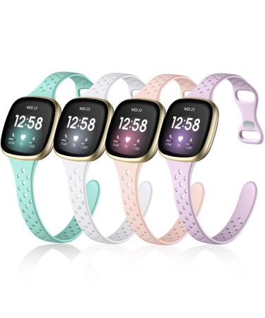 Laffav Compatible with Fitbit Sense /Sense 2 / Fitbit Versa 3/Versa 4 Bands for Women Men, 4 Pack Durable Soft Silicone Replacement Wristbands Slim Sport Strap (Small, White/Pink/Lavender/Mint Green) White/Pink/Lavender/Mint Green Small 5.8"-7.6"