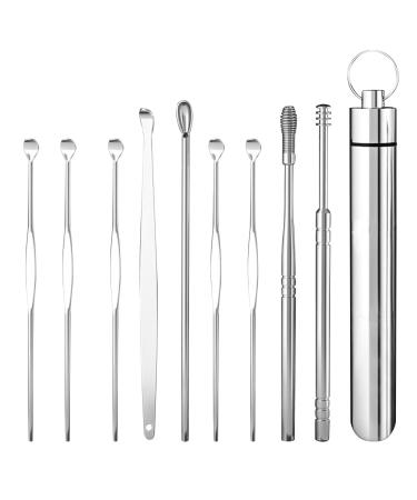9pcs Ear Picks with Carrying Case Stainless Steel Adults Kids Reusable Smooth Earwax Removal Kit Travel Home(Silver)