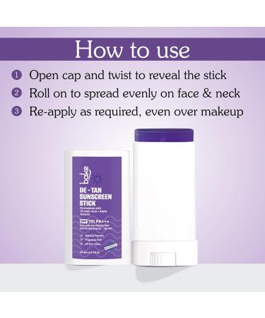 BAKE De-Tan Water Resistant Sunscreen Stick SPF 70 PA++++ with 2% Kojic Acid & Alpha Arbutin | Lightweight No White Cast | For All Skin Types | For Pigmentation & Dark Spots - 20g - Buy Online on GoSupps.com