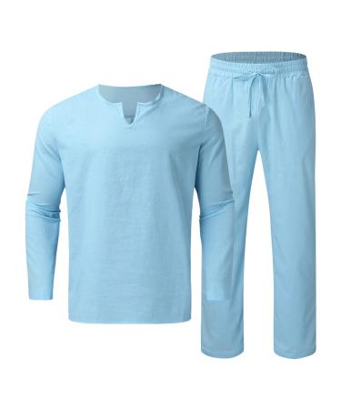 Mans Suite Men Pieces Cotton Linen Set Henley Shirt Long Sleeve And Casual Beach Pants Summer Classic Suit Light Blue Small
