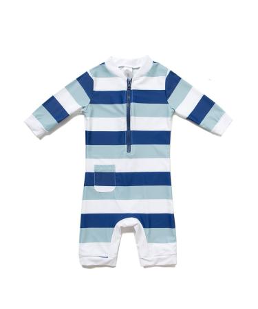 Baby Boys Sunsuit UPF 50+ Sun Protection One Pieces with Zipper Swimwear with Sun Hat(Blue Stripe 18-24Months) Stripe 18-24 Months