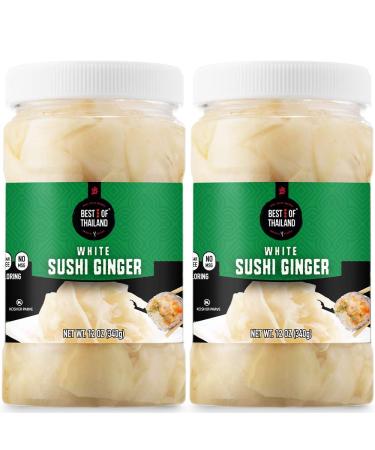 Best of Thailand Japanese White Pickled Sushi Ginger | Fresh Sliced Young Gari Ginger in All Natural, No Coloring Sweet Pickle Brine | Fat Free, Sugar Free, No MSG, Certified Kosher | 2 Jars of 12oz White Sushi Ginger 12 O