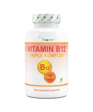 Vitamin B12 complex - 240 tablets for 8 months - 500 g Vit B12 + folic acid 200 g per day - methylcobalamine adenosylcobalamine & hydroxocobalamine B12 + bioactive quatrefolic folic acid - 100% vegan 240 pieces (1 Pack)
