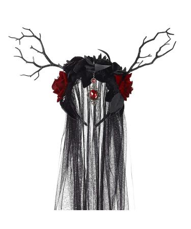 Vakkery Halloween Day of the Dead Headband Black Veil Headbands Mexican Rose Flower Hair Band Gothic Antlers Headdress Halloween Cosplay Costume Hair Accessories for Women