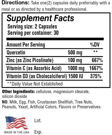 Safrel Strong Immune Support: Quercetin 500mg, Zinc Picolinate 100mg, Vitamin C 1000mg, D3 1000IU - 60 Capsules | Made in USA | Vegan - Buy Online on GoSupps.com