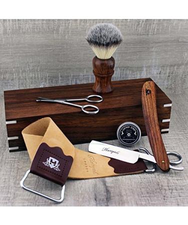 Complete rosewood old style classic barber razor set - vintage shave - razor leather strap synthetic badger brush nasal care scissors & rosewood razor box